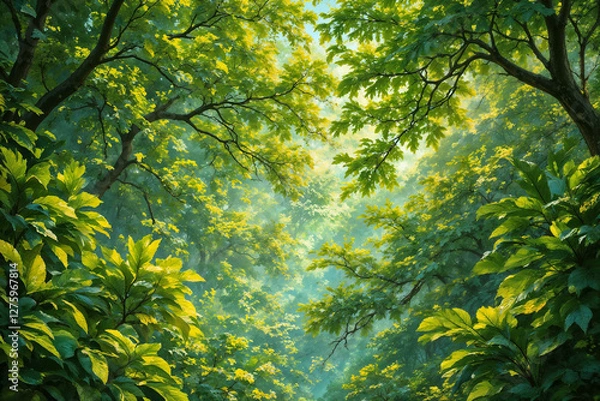 Obraz Sunlit green forest with light shining through trees