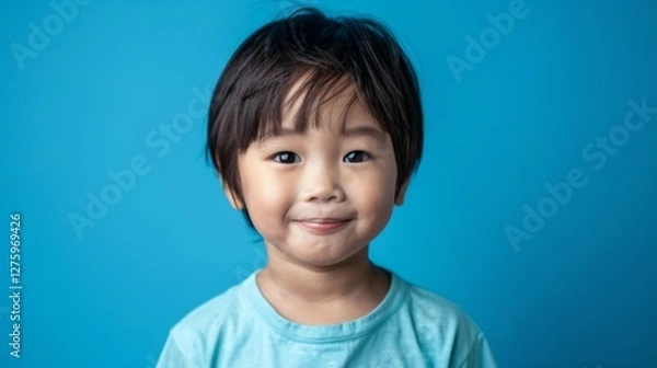 Fototapeta A young child posing for a portrait against a blue background.