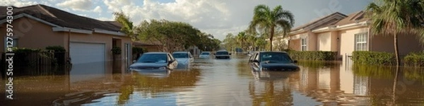 Fototapeta A flooded street with cars parked along the side, highlighting the impact of heavy rainfall