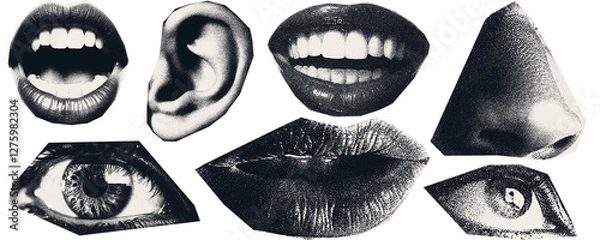 Fototapeta Vintage image of   lips, ear, smiles, eyes. The effect of being cut out with scissors from a magazine.