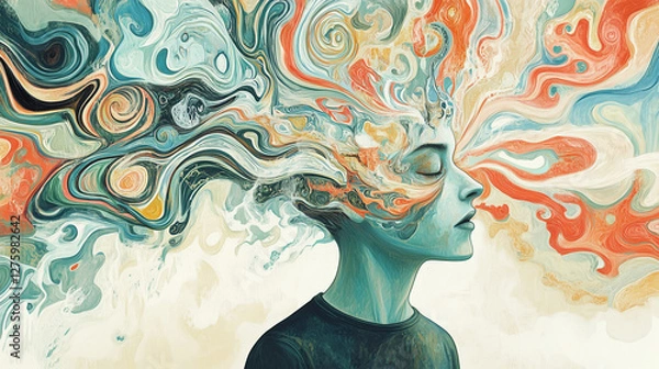 Obraz An illustration where a person's head is a whirlwind of thoughts, symbolizing mental chaos