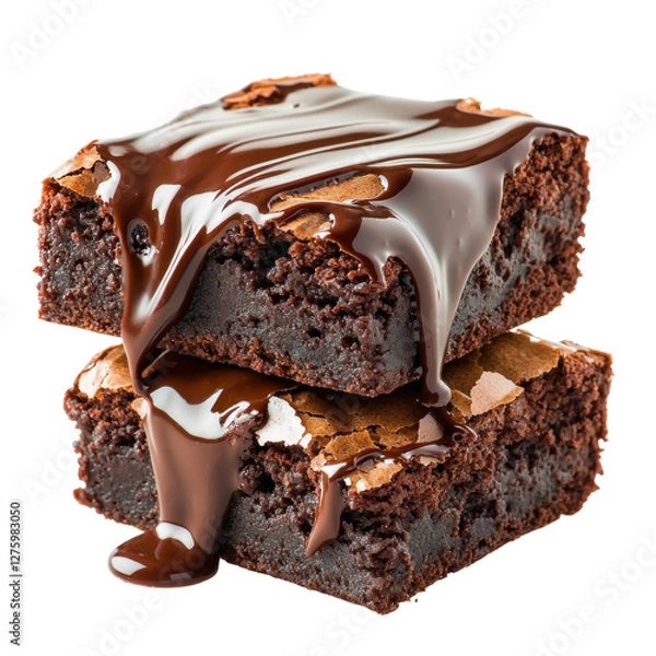 Obraz Delicious chocolate brownies dripping with fudge sauce isolated on png transparent background, cut out
