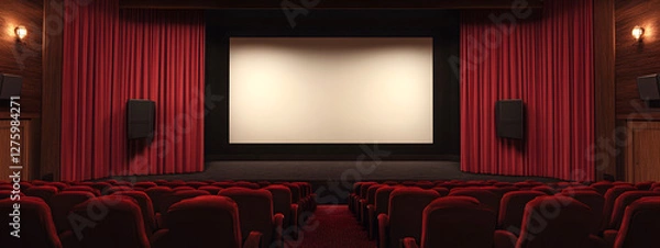 Fototapeta A large blank frame on the wall of an empty movie theater with red velvet curtains
