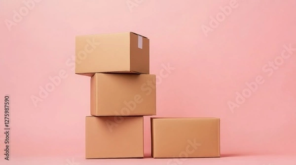 Fototapeta Stacked cardboard box on a pink background, ideal for packaging and shipping themes
