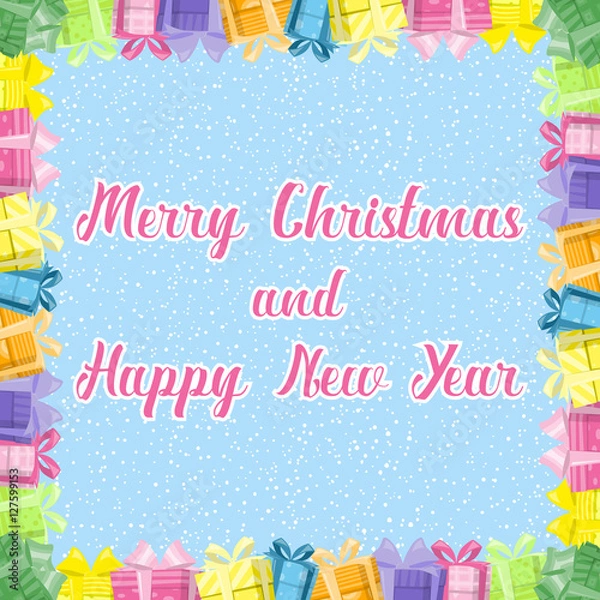 Obraz Merry Christmas and Happy New Year banner. Colorful gift boxes with big bows on background snowflakes. Concept design poster, flyer, invitation, greeting card. Cartoon style. Vector illustration