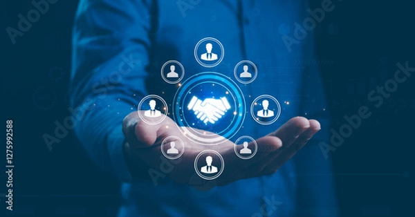 Fototapeta Business ecosystems and partnerships concept. Business collaboration strategies. The complex network of organizations to create value for customers acquisition , suppliers, and other stakeholders.