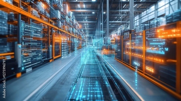 Fototapeta A futuristic warehouse with glowing data streams, showcasing advanced technology and efficient logistics in a high-tech environment.