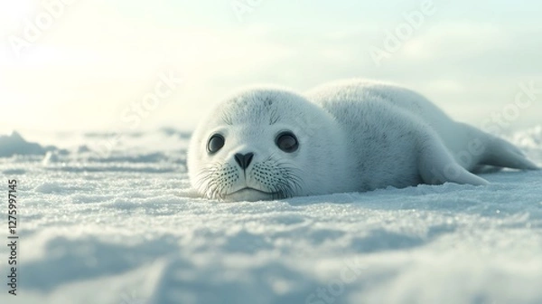Fototapeta A Heartwarming Scene of a Fluffy Harp Seal Pup in its Arctic Winter Habitat Surrounded by Sparkling Snow