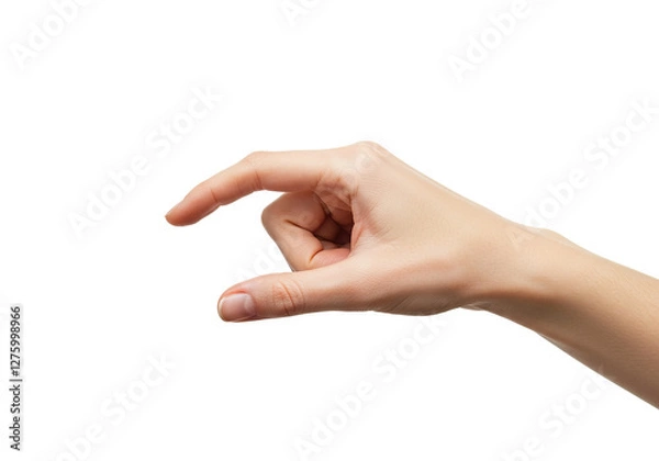 Fototapeta Woman's hand holding something small and invisible between two fingers, isolated on a white background