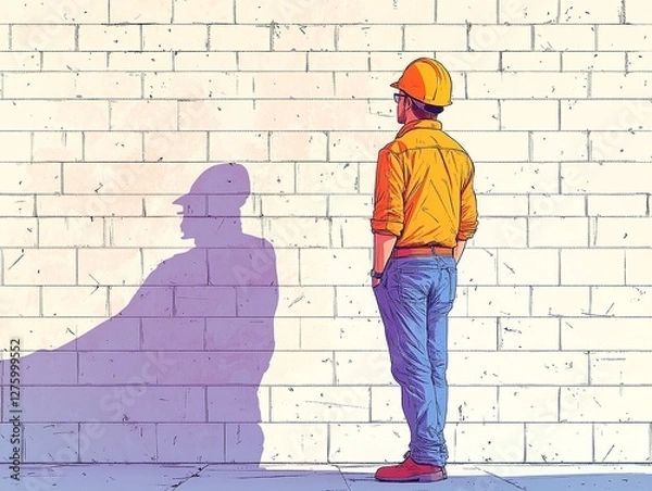 Fototapeta An engineer in a construction helmet stands near a brick wall, a simple illustration in bright colors on a white background