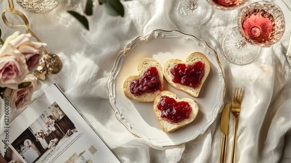 Fototapeta Romantic brunch: heart shaped toast with jam and rose on elegant table setting