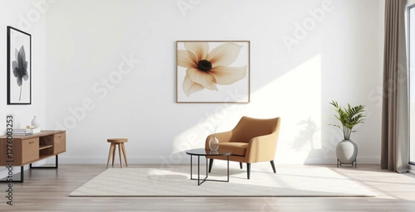Fototapeta Modern interior living room features an armchair and decorative accessories against a white-colored wall- 3D rendering
