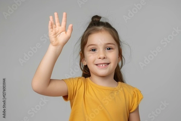 Fototapeta charming, happy, cheerful little girl portrait, looking to the camera, waving hello with a lovely and positive demeanor. Isolated on gray background 