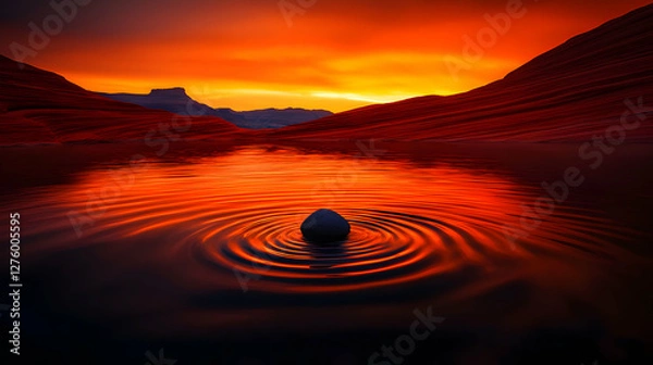 Fototapeta Abstract Lake at Sunset with Reflection of Cubic Hills and Dark Spherical Object with Vibrant Orange Sky