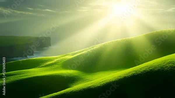 Fototapeta Abstract Landscape of Pixelated Green Hills by the Ocean Under a Bright Sunny Sky