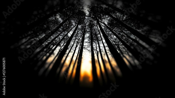 Fototapeta Abstract Low Angle View of a Sunlight Through Silhouette Trees in Forest with Orange Sky