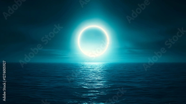 Fototapeta Abstract Luminous Circle Over Calm Ocean in a Dark Blue Night with Sparkling Reflections