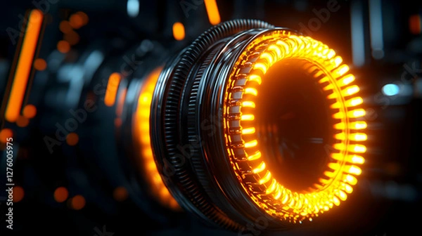 Fototapeta Abstract Metallic Machine Core with Glowing Orange Lights in a Dark Industrial Background