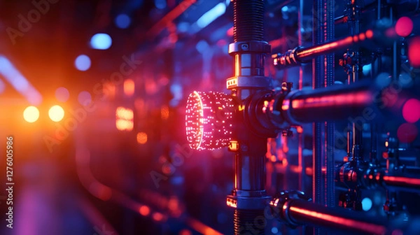 Fototapeta Abstract Metallic Pipelines with Blue and Red Illumination Industrial Technology