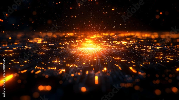 Fototapeta Abstract Orange Glowing Data Network With Digital Futuristic Technology Background