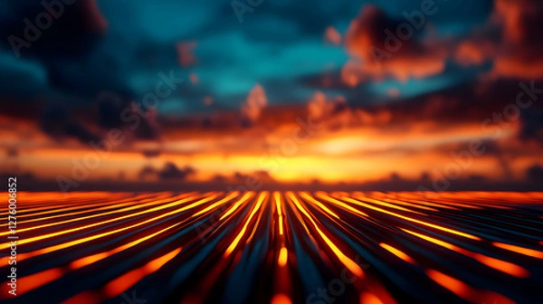 Fototapeta Abstract Orange Glowing Grid Under Dramatic Cloudy Twilight Sky Over the Sea