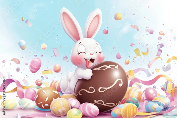Fototapeta A cute cartoon-style Easter Bunny sitting atop a giant chocolate egg, licking its lips while surrounded by candy-coated Easter treats and pastel ribbons.