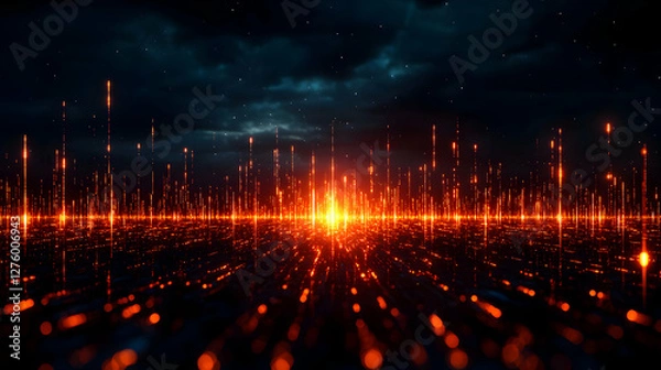 Fototapeta Abstract Orange Lights Streaks Against Dark Sky and Cloudscape Background with Modern Futuristic Design Elements