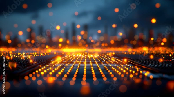 Fototapeta Abstract Orange Grid Data Transfer Network with Blurred Cityscape Background