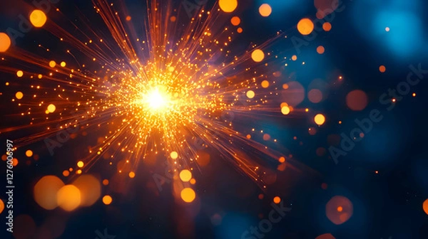 Fototapeta Abstract Orange Light Burst with Bokeh Effect on Dark Blue Background