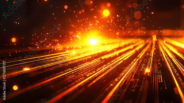 Fototapeta Abstract Orange Light Streaks Motion Background with Glowing Particles and Fast Speed Effect