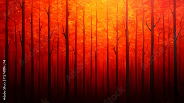 Fototapeta Abstract Orange Red Forest With Tall Trees In Dark Silhouette