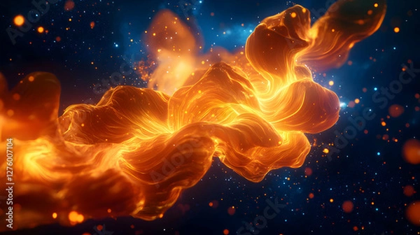Fototapeta Abstract Orange Swirling Smoke on Dark Blue Backdrop with Particle Flare and Dynamic Motion