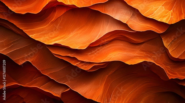 Fototapeta Abstract Orange Wavy Texture Background with Paper Like Layers in Gradient Shades and Intricate Decorative Pattern Design