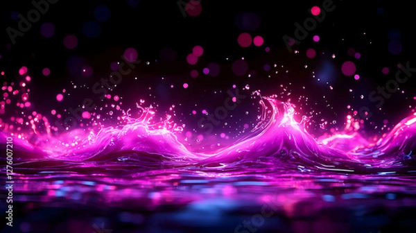 Fototapeta Abstract Pink and Blue Glowing Wave Pattern on Black Background with Bokeh Effect