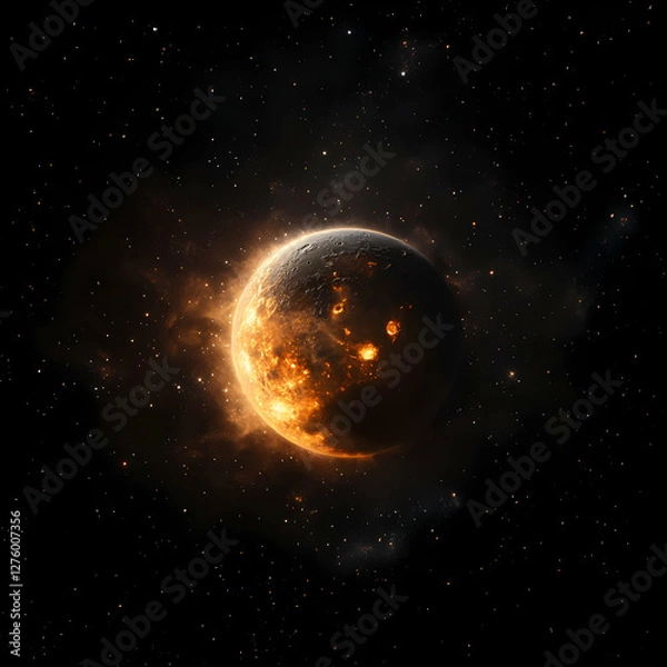 Fototapeta Abstract Planet with Glowing Orange Surface and Starry Background in Deep Space