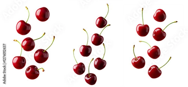 Fototapeta cherry png. cherries isolated. Fresh cherries falling down isolated. Juicy red cherries tumbling in mid-air png. Cherries dropping from above in motion isolated. Ripe cherries scattered while falling
