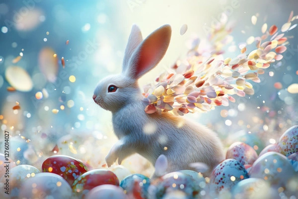Fototapeta A breathtaking fantasy Easter Bunny with wings made of delicate flower petals, soaring above a field of sparkling Easter eggs.
