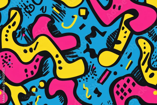 Fototapeta A bold 90s magazine cover background featuring oversized, funky typography, abstract squiggles, and a loud color palette of cyan, magenta, and neon yellow, evoking a nostalgic pop culture aesthetic.