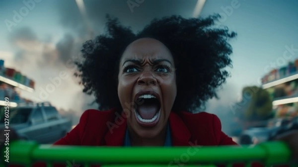 Fototapeta Wide-eyed woman looking shocked as she pushes a shopping cart down the aisle