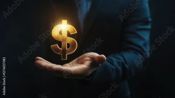 Fototapeta Golden Opportunity:  A businessman's hand gently cradles a glowing dollar sign, symbolizing financial success, investment, and wealth.