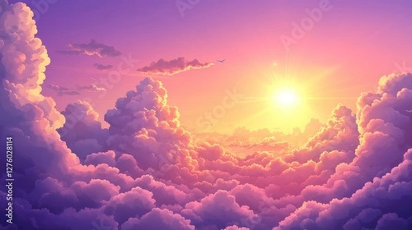 Obraz Sunset sky. Cartoon summer sunrise with pink clouds and sunshine, evening cloudy heaven panorama. Beautiful cloudscape with fluffy cumulus, colorful twilight