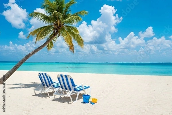 Obraz Two blue-and-white striped lounge chairs sit on a sandy beach under a palm tree, with calm turquoise waters and fluffy clouds in the sky.