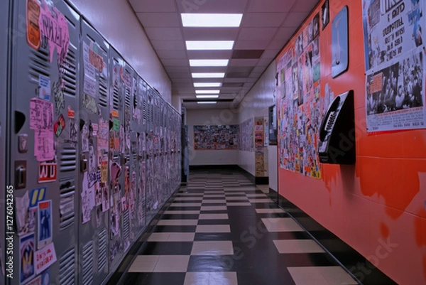Obraz A 90s high school hallway with metal lockers covered in stickers, a checkered tile floor, motivational posters, and a payphone mounted on the wall.