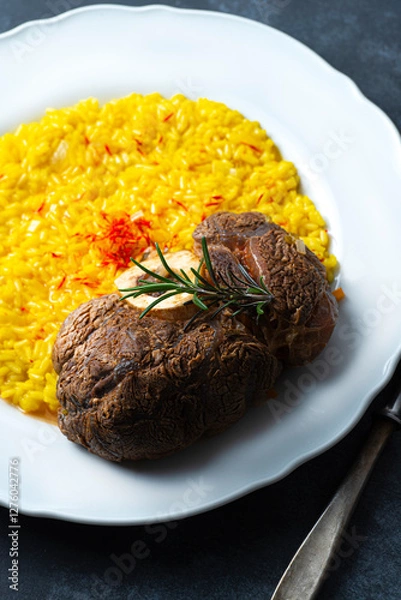 Fototapeta Beef Meat on the bone with Spinal cord in Italian cuisine, a classic recipe of  Ossobuco or Ossbus, Lombard cuisine, served with risotto or polenta and cooked for a long time with vegetables in wine 