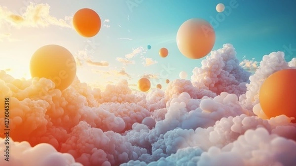 Fototapeta Fantasy landscape with floating spheres in the sky