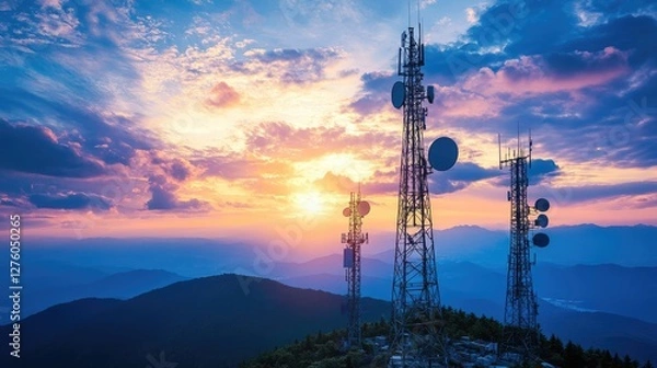 Obraz Telecommunication mast television antennas on sunset sky over a silhouette mountain landscape background.