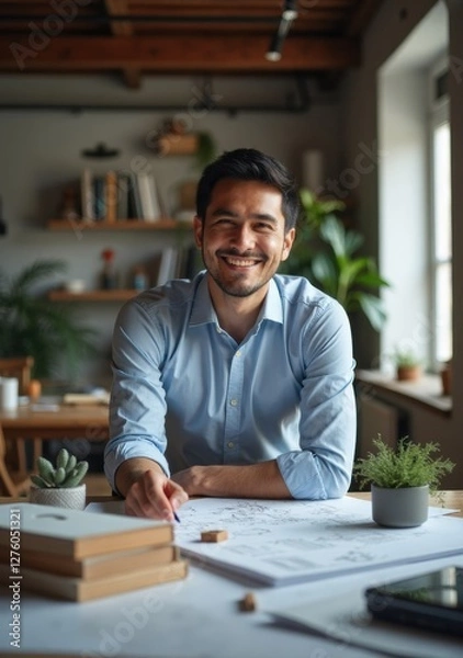 Obraz Architect discussing project details in a modern workspace with plants