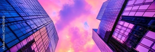 Obraz Modern Cityscape at Sunset - Urban architecture, vibrant sunset, glass reflections, upward perspective, modern design. Symbolizing progress, ambition, innovation, beauty, and harmony