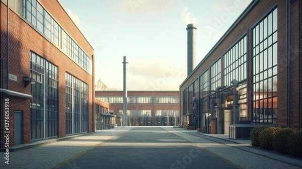 Fototapeta A serene industrial scene showcasing brick buildings with large windows and smokestacks, illuminated by soft sunlight.