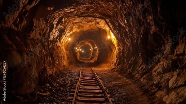 Obraz A deep mine shaft stretching into the earth, barely illuminated by lanterns